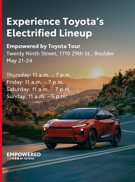 The image is an advertisement for the "Empowered by Toyota Tour", an event showcasing Toyota's electric ve