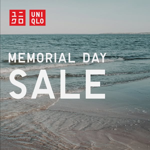 This image ad for Uniqlo promotes a Memorial Day sale, featuring a photo of a beach scene with the sale announcement ove