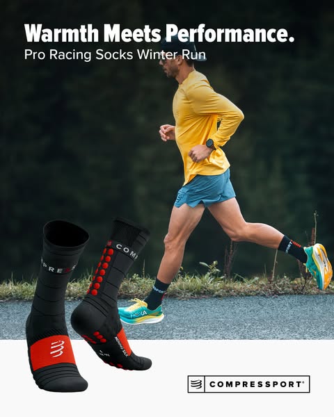 This ad showcases Compressport's Pro Racing Socks Winter Run, highlighting their warmth and performance benefits for