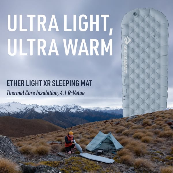 This image ad showcases the Sea to Summit Ether Light XR Sleeping Mat, highlighting its ultra-light and ultra-warm featu