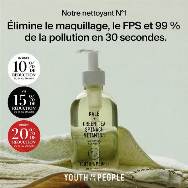 This ad highlights the Youth to the People Kale + Green Tea Spinach Vitamins Superfood Cleanser, emphasizing its ability