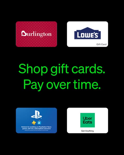 This image ad showcases gift cards from Burlington, Lowe's, Playstation, and Uber Eats with the tagline 'Shop gi