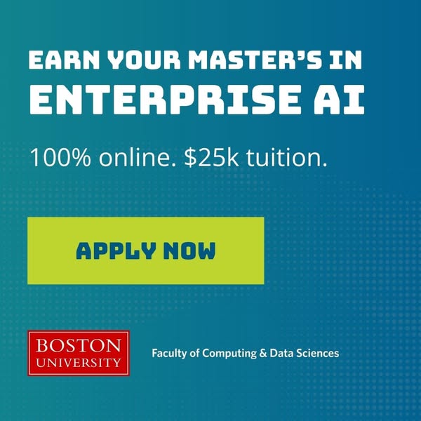 This ad promotes Boston University's Master's in Enterprise AI, highlighting that it is 100% online and has a $2