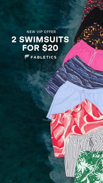 This Fabletics ad promotes a new VIP offer for 2 swimsuits for $20. The visuals include a background of ocean water and 