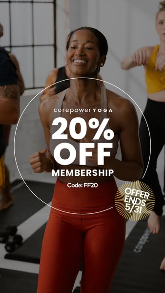 This image ad for CorePower Yoga promotes a 20% discount on new memberships with a code. The image features a smiling wo