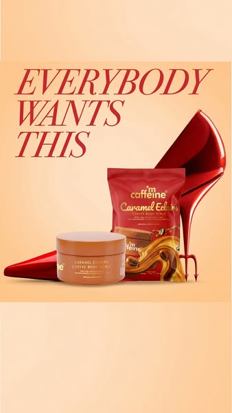 The ad features M Caffeine Caramel Eclair Coffee Body Scrub and is designed to appeal to customers interested in beauty 