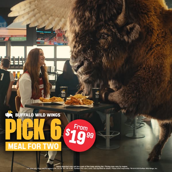 This ad promotes Buffalo Wild Wings' Pick 6 Meal for Two. The image features a woman seated at a table enjoying her 