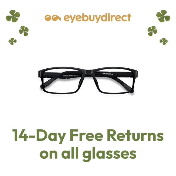 This image ad for eyebuydirect promotes 14-day free returns on all glasses. The ad features a pair of black-rimmed glass