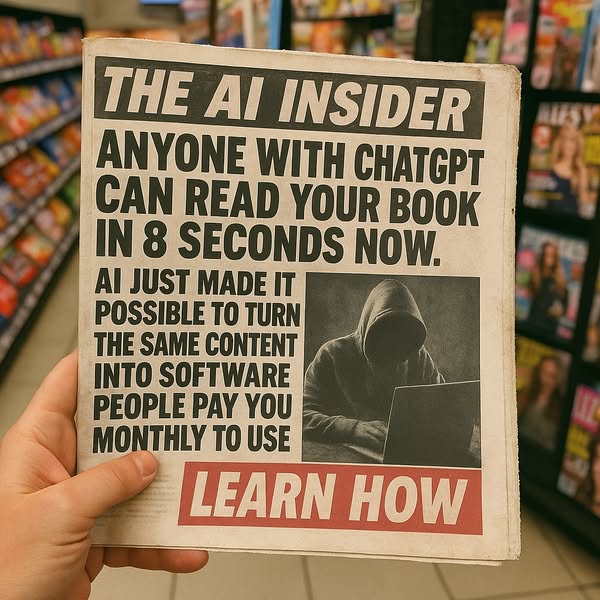 This ad is designed to inform users that with ChatGPT, anyone can read your book in 8 seconds and that AI just made it p