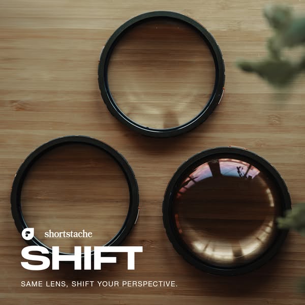 An image showcasing Shortstache's SHIFT lens filters. The ad highlights the product's ability to shift perspecti