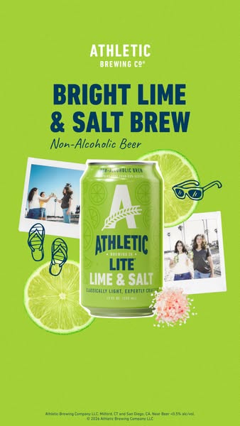 This image ad showcases Athletic Brewing's non-alcoholic Bright Lime & Salt Brew. The ad uses a vibrant green ba