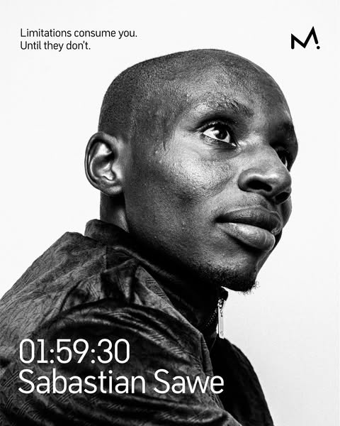 This ad features a portrait of a man named Sabastian Sawe. The image is in black and white with a motivational quote at 