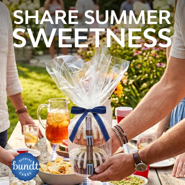 This image ad is for Nothing Bundt Cakes. The ad features a 2-tier Bundt cake being held by a person at an outdoor gathe