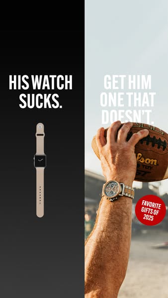 This ad uses a side-by-side comparison to highlight the benefits of a men's watch versus a smart watch. The left sid