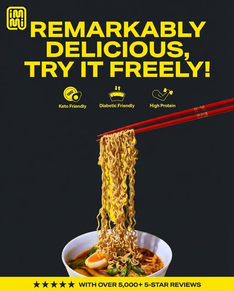 This ad promotes a low-carb noodle product. The ad highlights the noodles' deliciousness and advertises that you can
