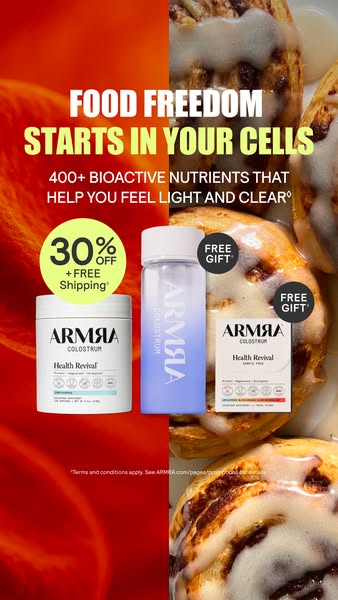 This ad for Armra Colostrum uses a split screen to contrast healthy eating with indulgent food, highlighting the product