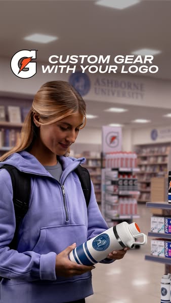 This image ad by Gatorade features a young woman in a university library holding a Gatorade water bottle customized with