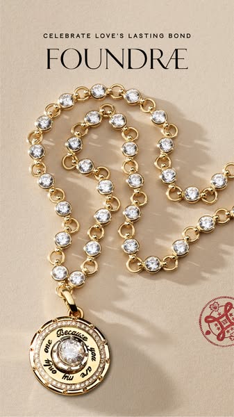 A close up shot of a gold necklace with diamond embellishments from Foundrae. The ad highlights the necklace's desig