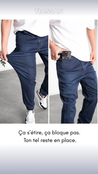 This image ad showcases the flexibility and functionality of TIMSSAN jeans. Through split-screen visuals and concise mes