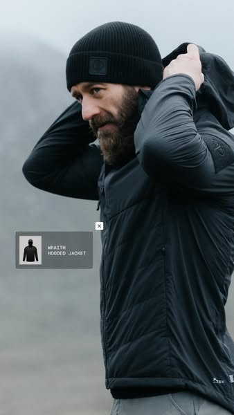 Ad showcasing the Wraith hooded jacket worn by a man in an outdoor setting, highlighting the product name and design.