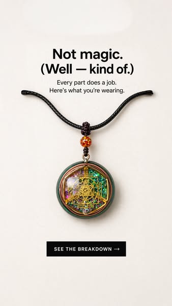 The ad features a necklace and emphasizes that every part of the necklace does a job. It prompts the user to see the bre