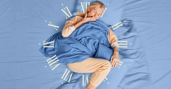 A tired woman is shown in bed. The image is overlaid with a transparent clock to indicate the time spent in bed. The ad 