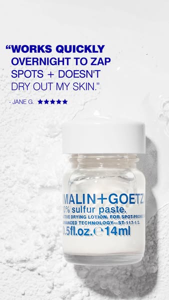 An image ad for Malin+Goetz 10% sulfur paste acne spot treatment featuring a customer testimonial claiming it works quic
