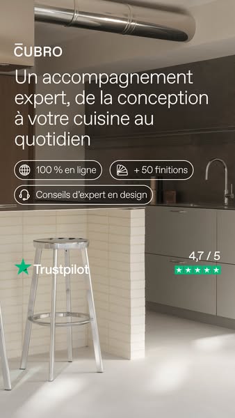 This ad for ČUBRO features an image of a kitchen setting with two silver stools. The ad emphasizes expert design and onl