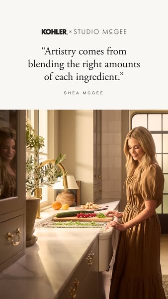 This ad by Kohler features a lifestyle image with a quote from Shea McGee promoting artistry through the blending of the