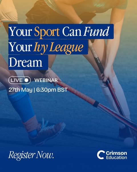 This ad promotes a Crimson Education webinar that will detail how a student's sports abilities and experience can he