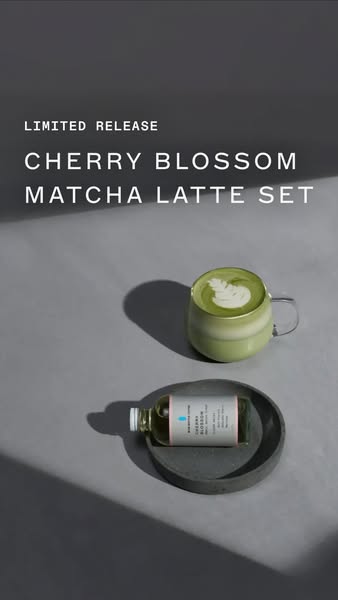 Ad for Blue Bottle's Cherry Blossom Matcha Latte Set. The ad features a glass mug filled with the latte with latte a