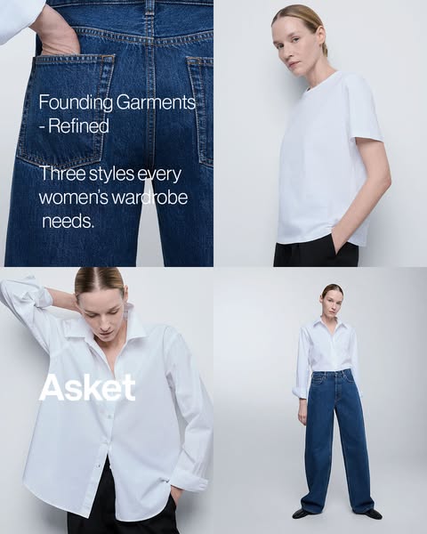This image ad showcases different pieces of apparel from the brand ASKET and introduces a refined Founding Garments coll