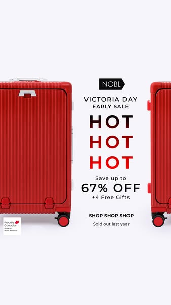 An image ad promoting NOBL luggage with an early Victoria Day sale. The ad features a red suitcase with a sale offering 