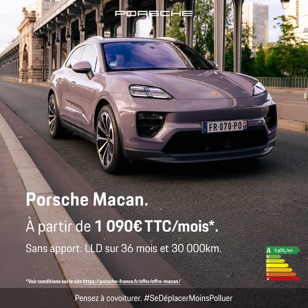 This image ad showcases the Porsche Macan, emphasizing its accessibility through a lease offer. The ad includes a sleek 