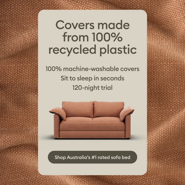 This ad promotes a sofa bed with covers made from 100% recycled plastic, highlighting its machine-washable covers, ease 