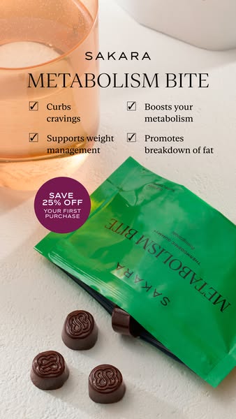 This image ad for Sakara Metabolism Bites highlights the benefits of the product, offers a discount on the first purchas