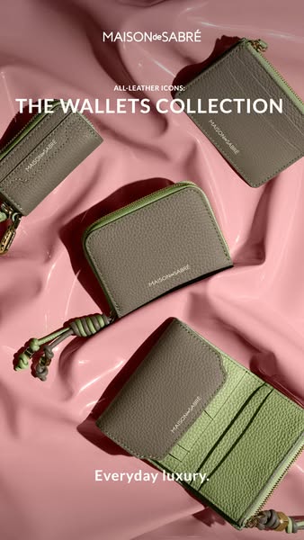 This ad for MAISONde SABRÉ features a flatlay of their all-leather wallets collection in various shapes and sizes, set a