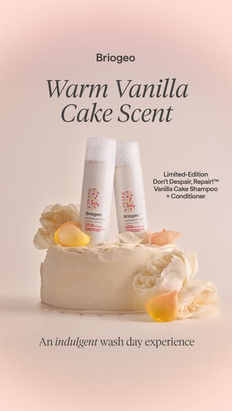 Image ad for Briogeo's Limited-Edition Don't Despair, Repair! Vanilla Cake Shampoo + Conditioner. The products s