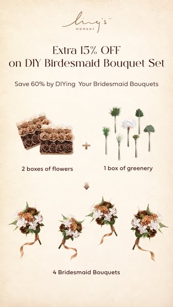 This ad for Ling's Moment promotes a DIY Bridesmaid Bouquet Set with a discount. It shows the components of the set 