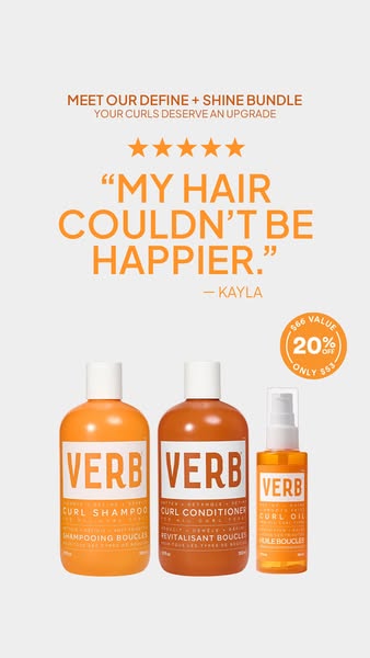This image ad showcases a bundle of hair products from Verb designed to define and add shine to curly hair. It features 