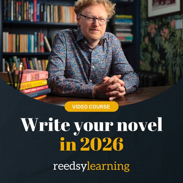 This image ad is for a video course from Reedsy Learning that will teach you how to write a novel by 2026.