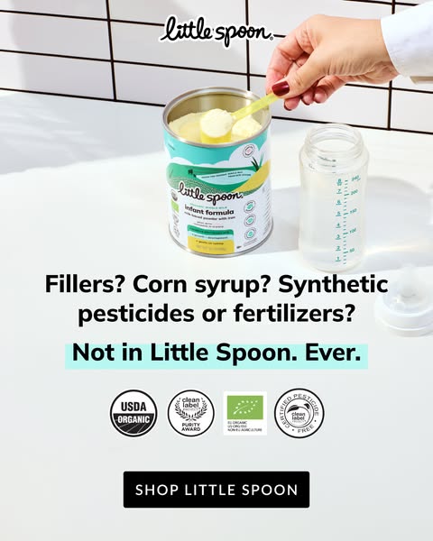 The ad highlights the Little Spoon infant formula as a healthy option by contrasting it with formulas that contain undes