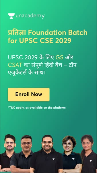 The ad promotes Unacademy's Pratigya Foundation Batch for the UPSC CSE 2029 exam. It features the course name, targe