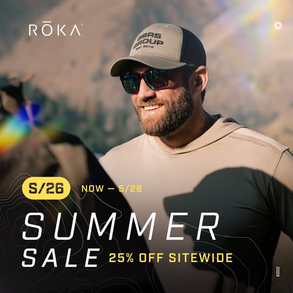 This image ad from ROKA promotes a summer sale of 25% off sitewide from S/26 to 5/28. A man with a beard is smiling and 