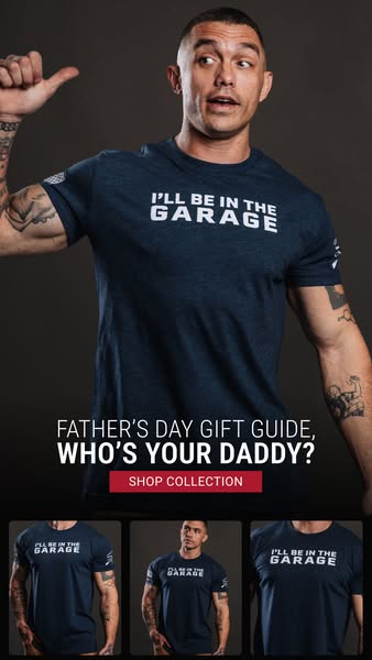 Image ad for Grunt Style, featuring a man wearing a branded t-shirt, with the message that this is a Father's Day gi