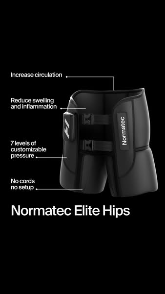 This image ad showcases the Normatec Elite Hips, highlighting its features and benefits, such as increased circulation, 