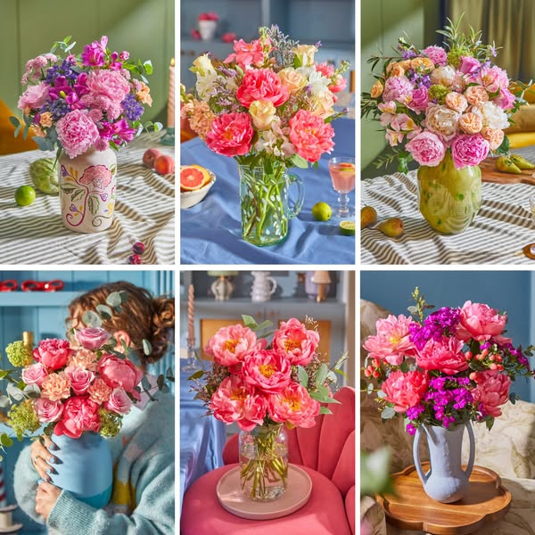 This image ad showcases six different flower bouquets in various vases, set against colorful, styled backgrounds. The ad