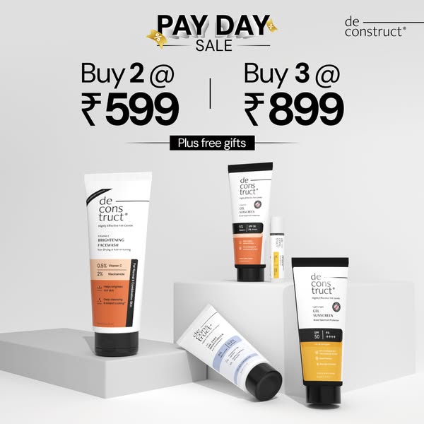 This ad promotes deconstruct skincare products, highlighting a limited-time 'Pay Day Sale' offering discounts wh