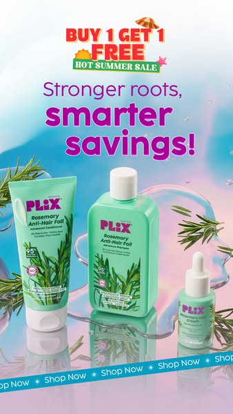 This image ad promotes Plix Rosemary Anti-Hair Fall hair care products with a buy-one-get-one-free offer. The ad feature