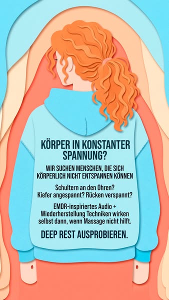 Ad for Deep Rest, EMDR-inspired audio for relaxation. The ad uses a paper cutout art style to portray a woman with tense